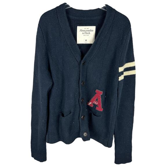 Abercrombie and Fitch Vintage Y2K Varsity Patch Fitted Navy Blue Rugby Cardigan - Picture 1 of 4